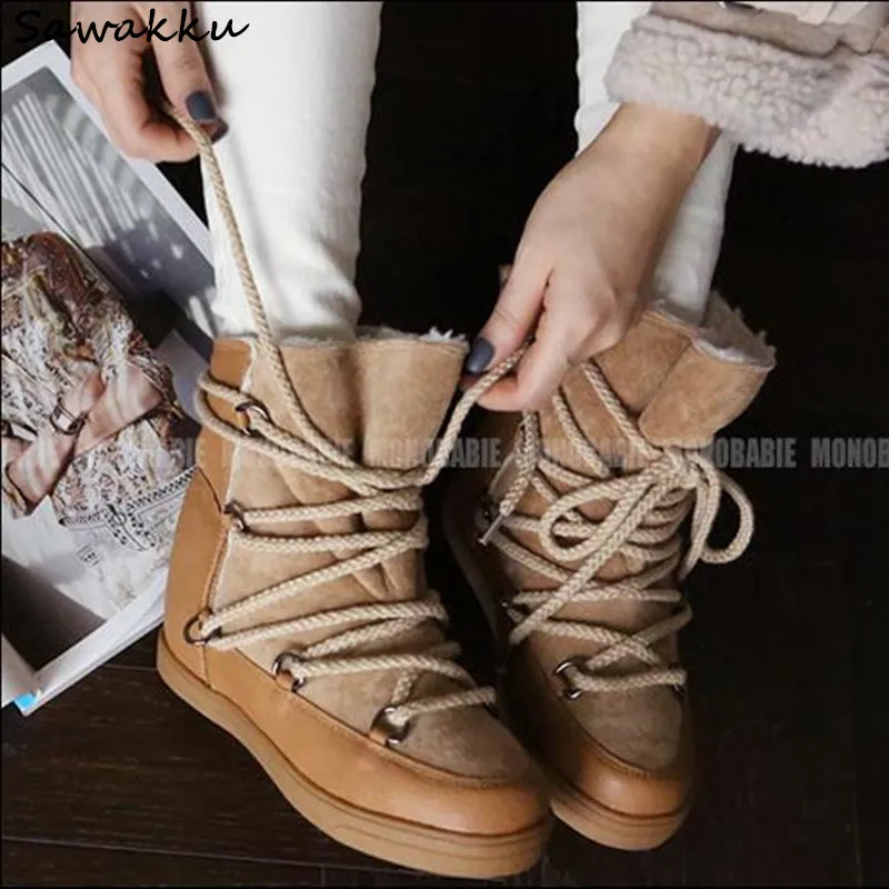 Zapatillas Mujer/модные зимние ботинки на меху увеличивающие рост теплые мотоботы
