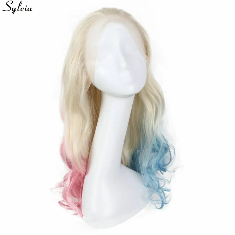 Sylvia Nature Hairline Heat Resistant Fiber Hair Body Wave Party Wigs Blonde Ombre Blue/Pink Glueless Synthetic Lace Front Wig | Шиньоны и