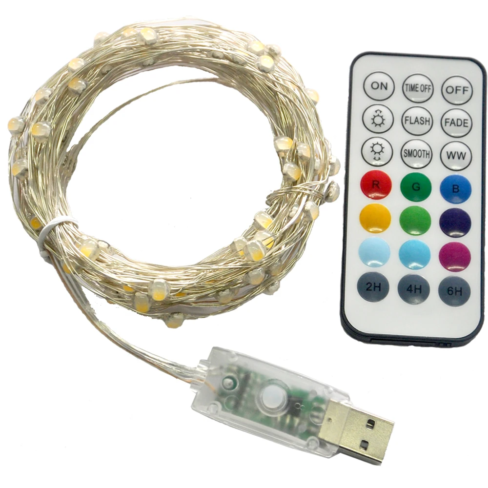 Светодиодный Рождественский светильник RGB+ теплый белый меняющий цвет Сказочный светильник с дистанционным управлением медный провод Свадебная патио Рождественская лампа