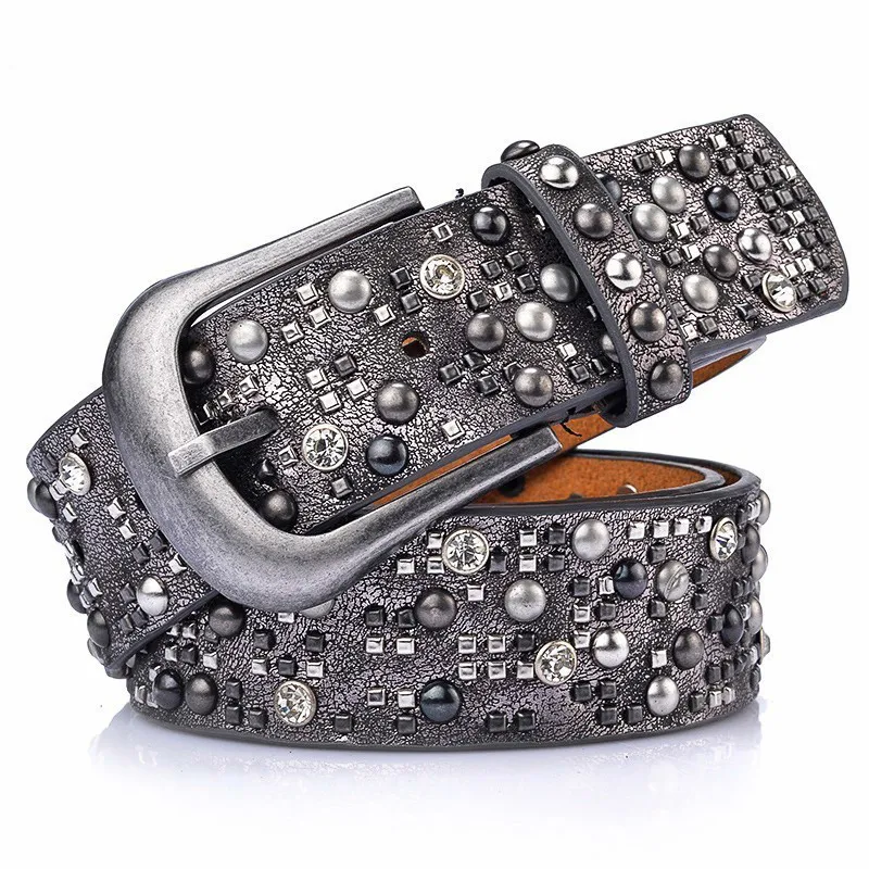 

Woman Leather Belt Geometric Rivet Pin Buckle Rhinestone Belts For Women European Fashion Top Quality Leather Strap For Jeans