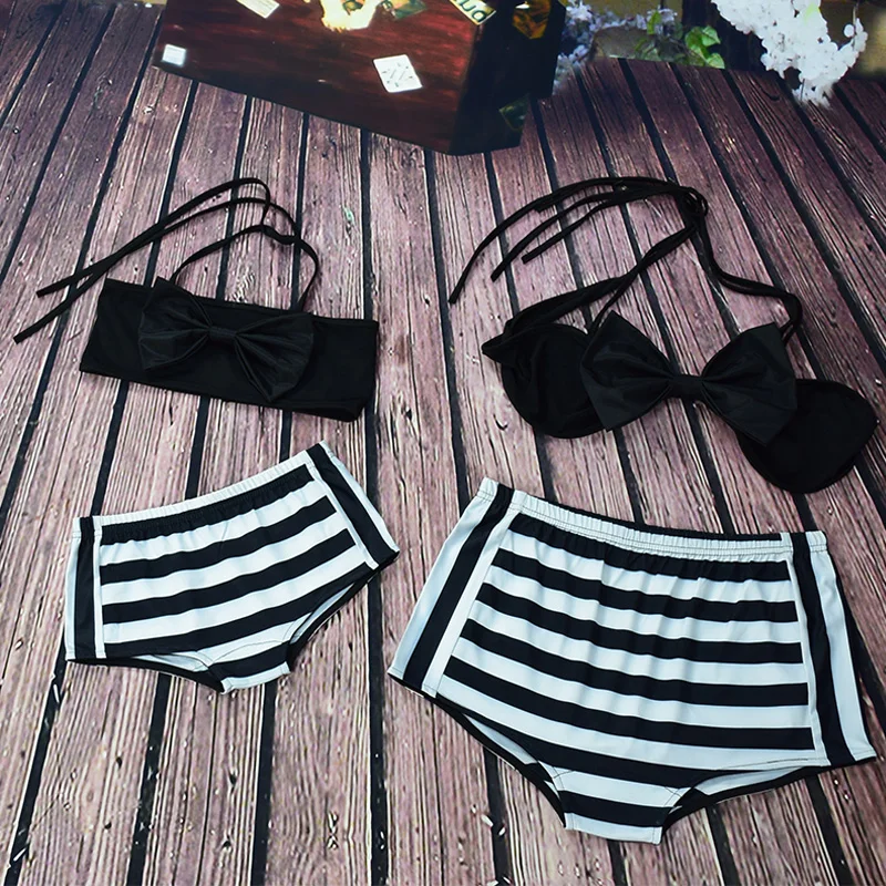 Мама дочка одинаковые семья купальники лето в полоску с бантом бикини дети обувь
