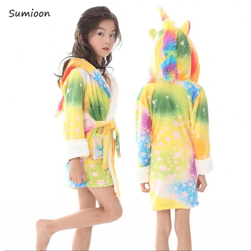 Kigurumi единорог с капюшоном Детские Банные халаты дети звезда Радуга банный халат