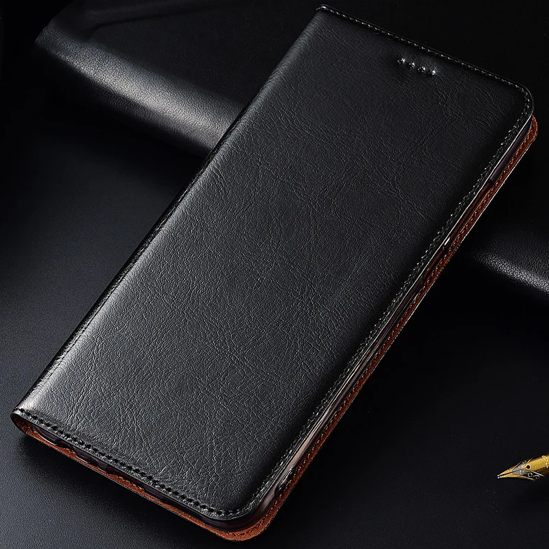 Черный Чехол из натуральной коровьей кожи для Xiaomi Redmi 4 Pro 4A 4X5 5A 6 6A 7 Pro Plus, Магнитный чехол с подставкой и откидной крышкой для телефона - Цвет: Черный