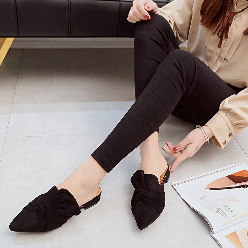 2019 без задника Женские домашние тапочки из флока сабо Модная низкая обувь на