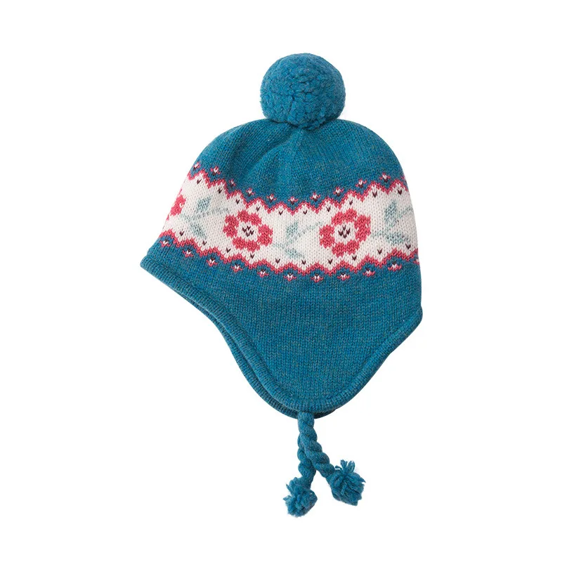 LEMONKID ponytail Bomber Hats For kids flower cap Autumn Winter Big Pom Knit Warm Thick Cable Earflap Ear Protection Child |