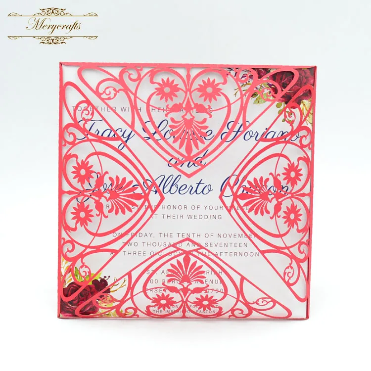 

Fashionable four fold heart shape flower pattern wedding decoration laser cut outer invitation card