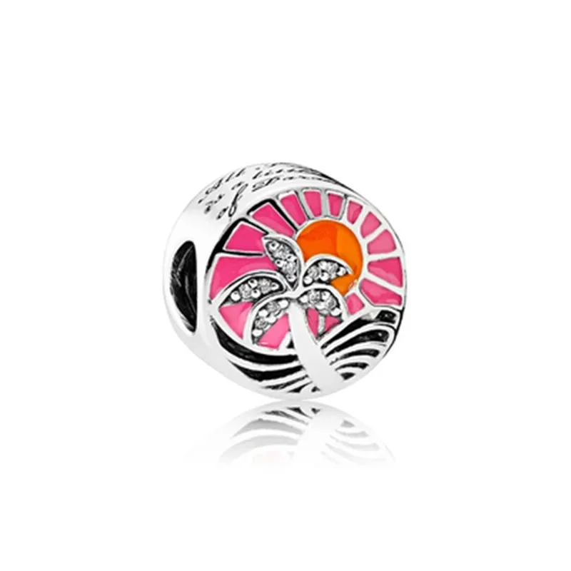 

Authentic 925 Sterling Silver Coconut Trees, Sun Clear CZ Charms European Beads Fit Europe Bracelets&Necklace