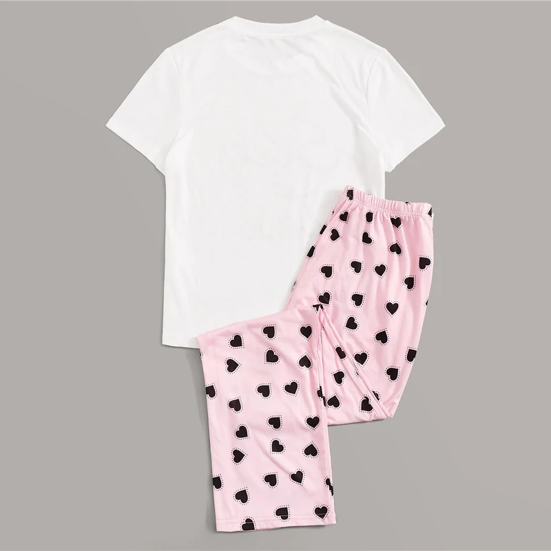 SHEIN Топ С Текстовым Принтом И Брюки С Поясом Пижама Женские Весенние Многоцветные Повседневные Комплекты Пижамы