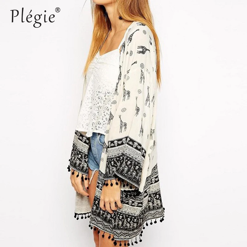 

Plegie Spring Summer Europe Style Blouse Women Retro Vintage Giraffe Print Shirt Hem Stitching Cuffs Tassels Kimono Blusas