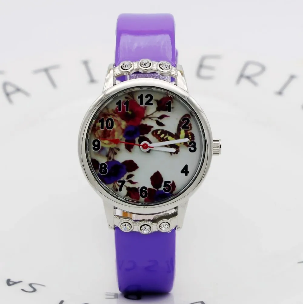 butterfly Kids Watches For Girls Children's with Diamond Cartoon Watch Leather Girl Clock relogio infantil | Наручные часы