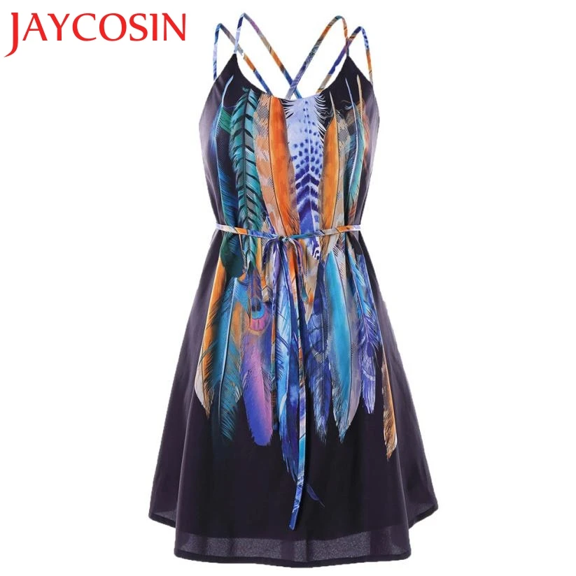 2018 женское Повседневное платье с рисунком перьев на бретельках 30 июля|Женские
