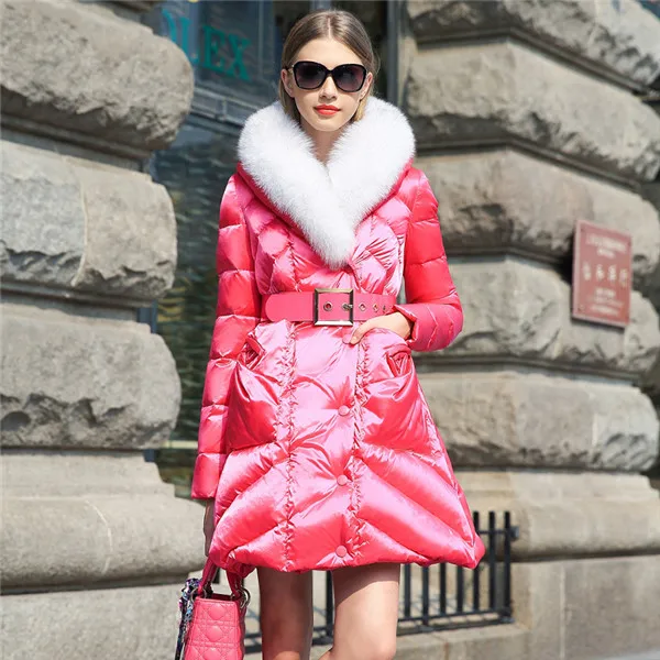 Pink Женский пуховик Новая европейская зимняя женская куртка с воротником из лисьего меха тонкое длинное утепленное пальто пуховик - Цвет: Pink