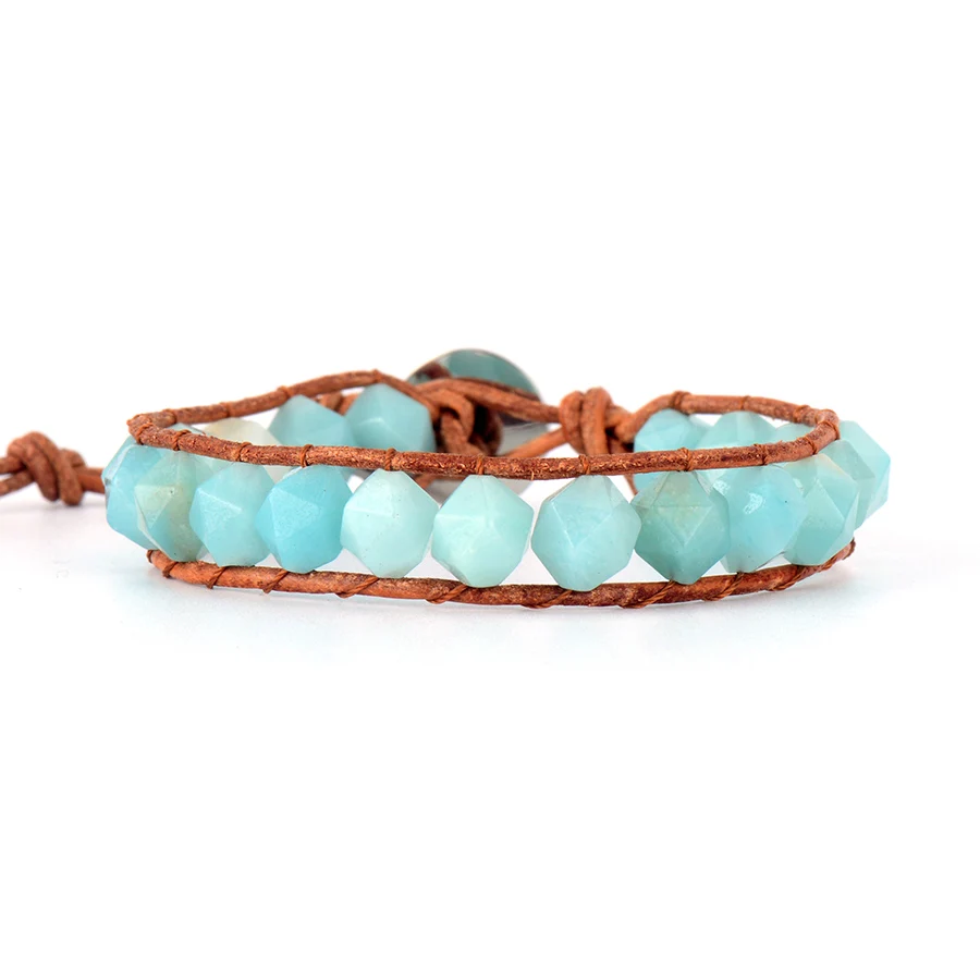 Новый DIY натуральная кожа Amazonite браслеты с бусинами из натурального камня