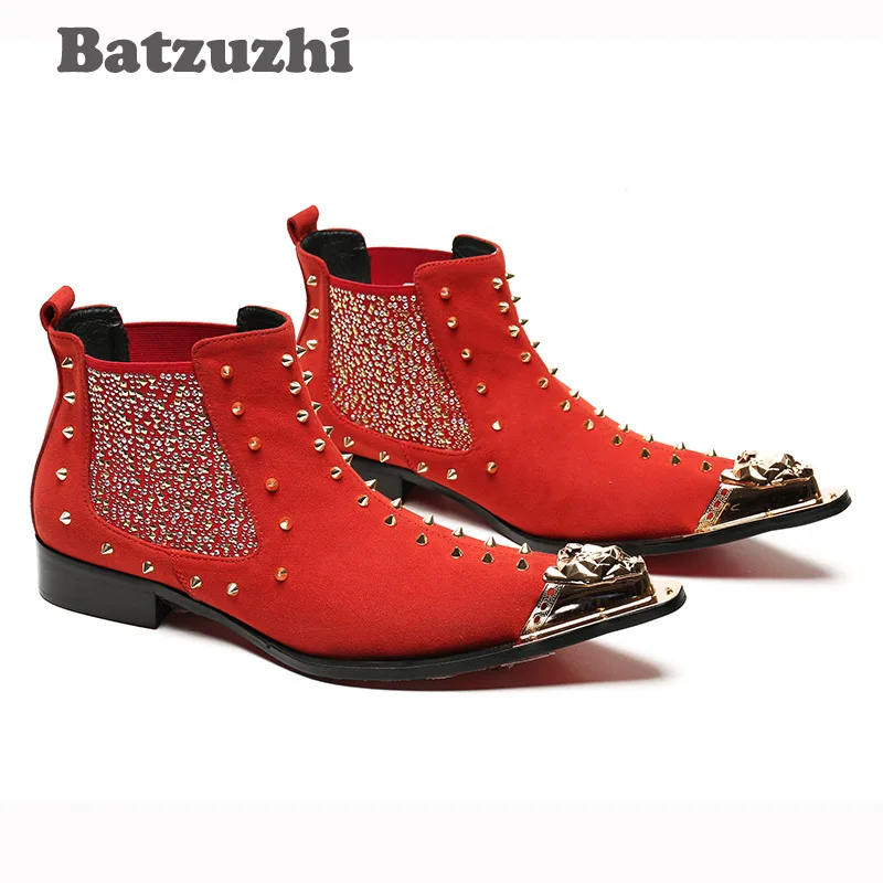 

Batzuzhi Western Style Pointed Toe Leather Short Boot Men Bar, DJ, Stage Party Boots for Men Personality Rivets Knight Boots Men