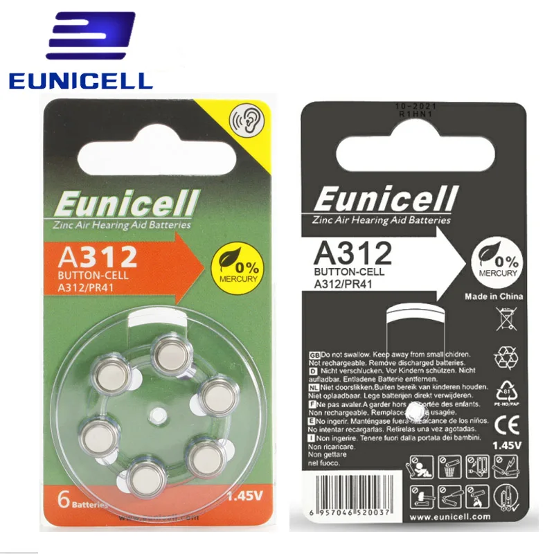6 шт. батарейки EUNICELL для слухового аппарата A312 312A ZA312 PR41 батарея A312|Часовые