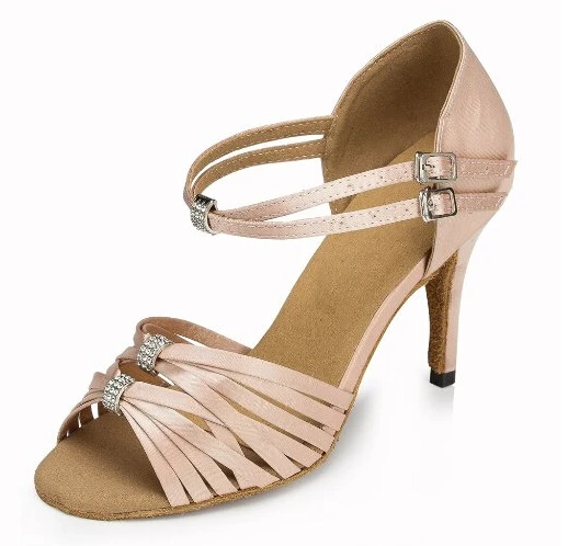 Новинка женская обувь из телесного атласа со стразами и пряжками Танцевальная