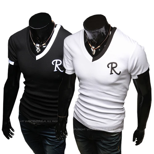 Hot ! Free Shipping 2014 mens t shirt Men's Fashion Short Sleeve Tee T Shirts 2 ColorS V-Neck Good Quality Drop | Мужская одежда