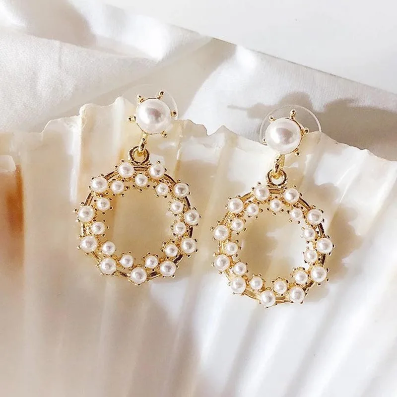 Luxury Baroque Pearl Earrings Gold Cute Small Round Loop Drop Earring for Women Wedding Earings Fashion Jewelry 2019 | Украшения и