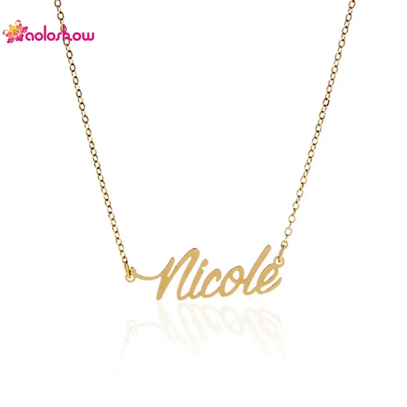 

Gold Nicole Name Necklace Minimalist Gold color Name Stainless Steel Script Font Pendant Nameplate Necklace Women NL-2411