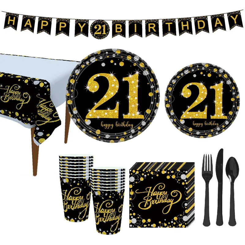 1 Set Birthday Party Paper Craft Tableware DIY Cups Plate Banner Spiral Pendant for 21/30/40/50/60 st Adult Supplies | Дом и сад