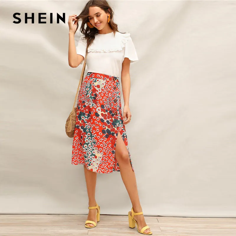 SHEIN Юбка С Пуговицами И Цветочным Принтом Женская Многоцветная Летняя Богемная Юбка С Высокой Талией
