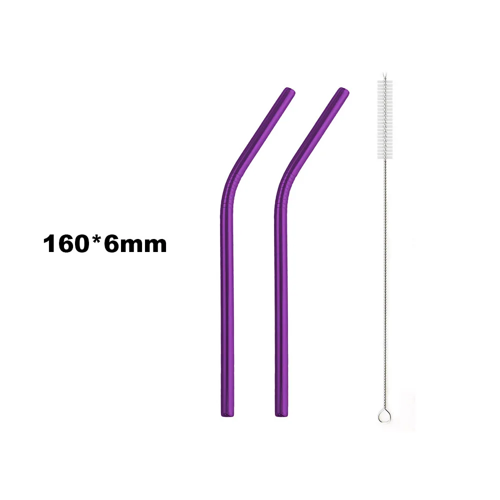 160x6mm Bent 2 шт./компл. фиолетовый 304 из нержавеющей стали, многоразовый металлическая соломинка Экстра Широкий набор смузи соломинки с кисточкой оптом - Цвет: 160x6mm Bent