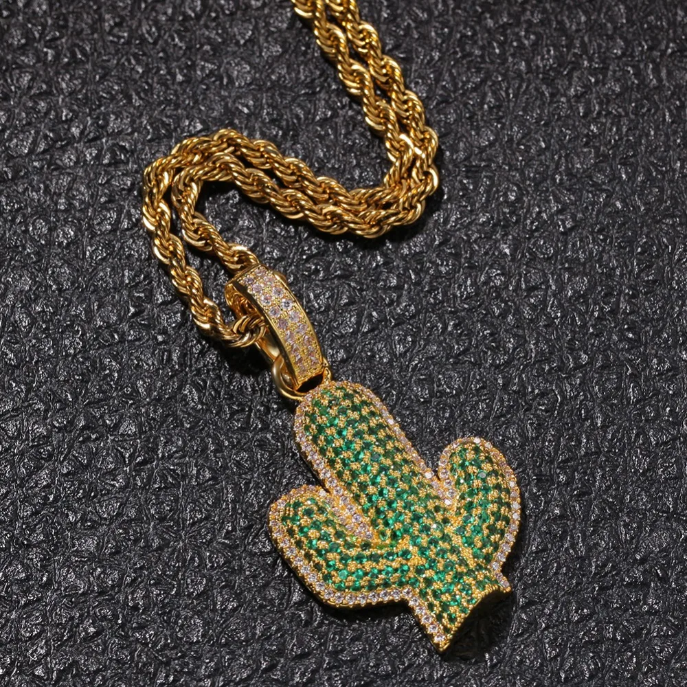 Хип хоп микро паве зеленый AAA кубического циркония Bling лед из растений кактус подвески ожерелья для мужчин рэппер ювелирные изделия
