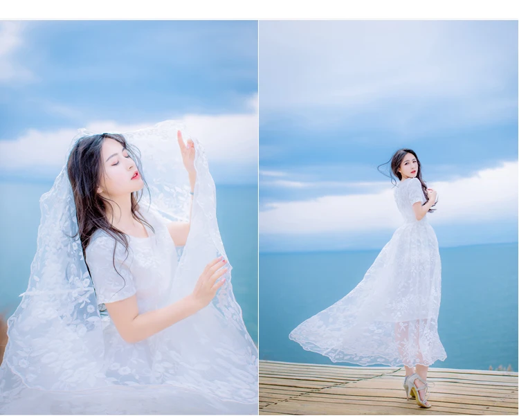 2019 Новое модное женское платье с круглым вырезом и коротким рукавом кружевное