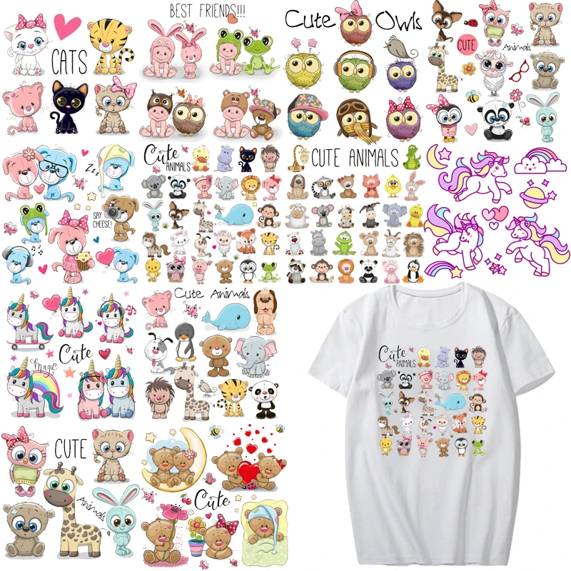 

Cartoon Animal Patch Set Iron on Transfer Cute Unicorn Cat Owl Dog Flower Patches for Kids Girl Clothing T-shirt DIY Heat Press