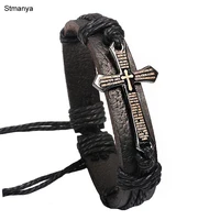 hot sale men jewelry vintage leather bracelets bangles metal cross jesus bracelet adjustable wax cord brown black 18044