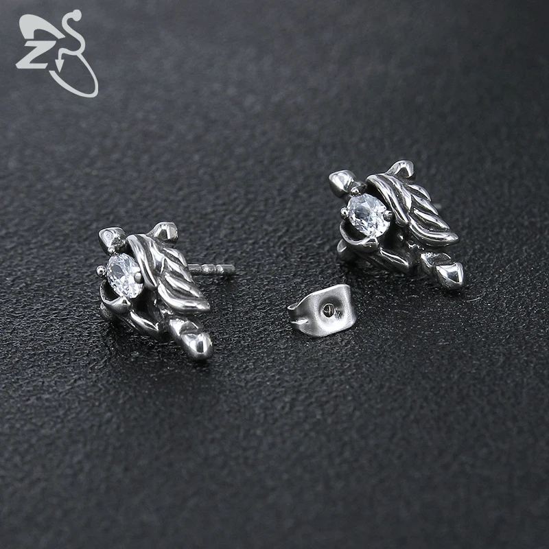 

ZS Stainless Steel Punk Mens Stud Earring White Black Cubic Zircon Sword Design Stud Earrings Fashion Ear Piercing Biker Jewelry