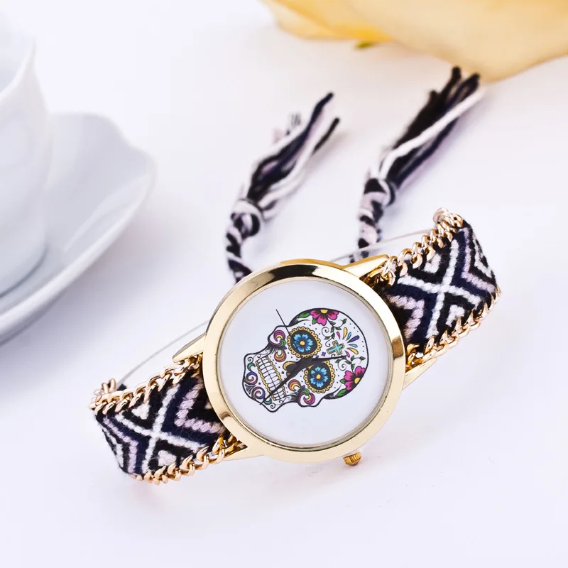 Женские кварцевые наручные часы DIY с черепами и разноцветными тканевыми