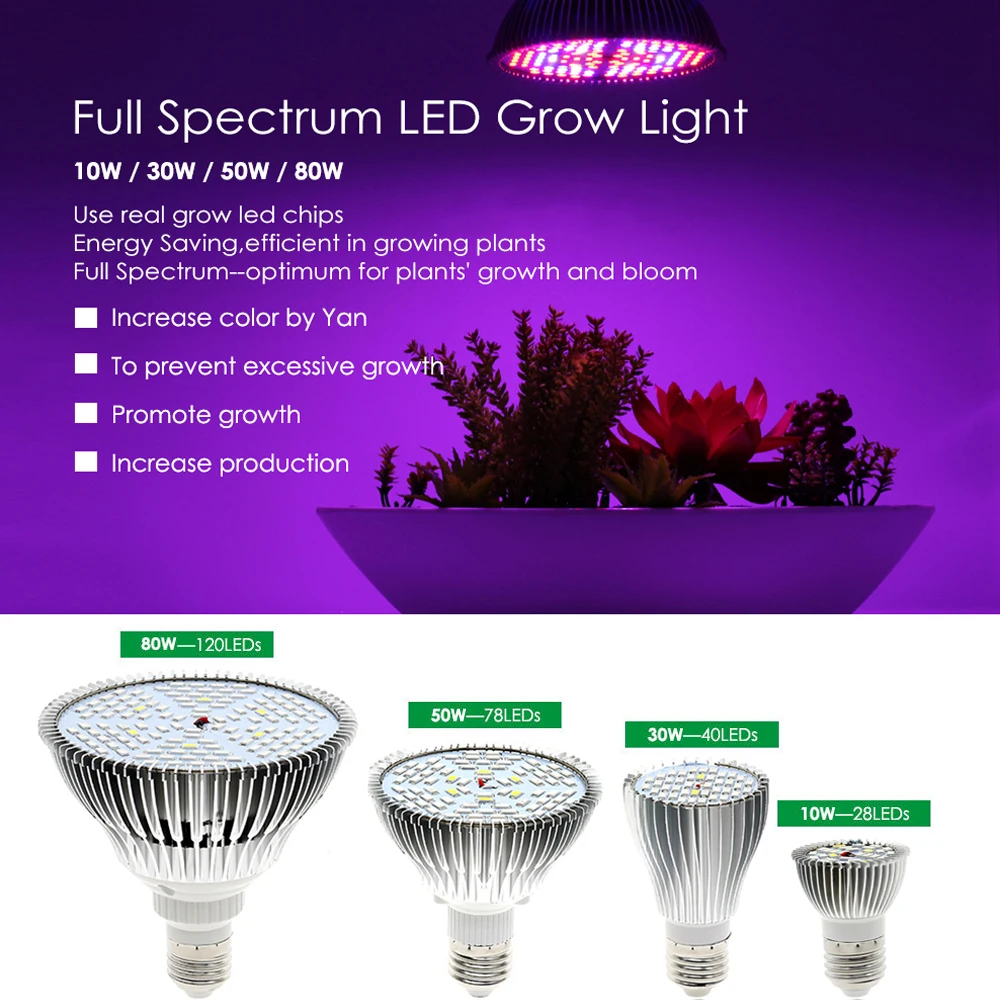 Полноспектральная светодиодная лампа для роста 10W 30W 50W 80W Красно-сине-УФ-ИК для гидропоники цветов, растений и овощей.