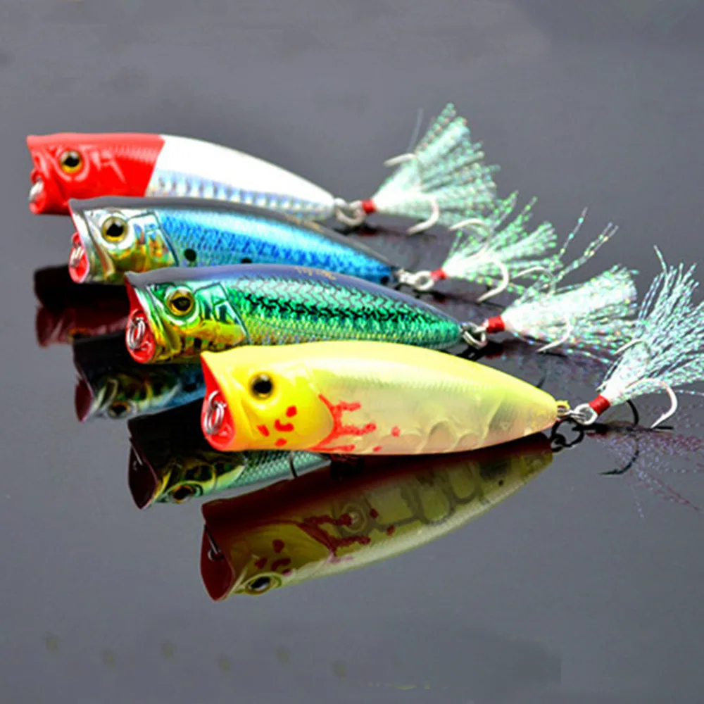 

4PCS Fishing topwater Popper lure Feather hook suspending baits 7cm/14g Free shipping