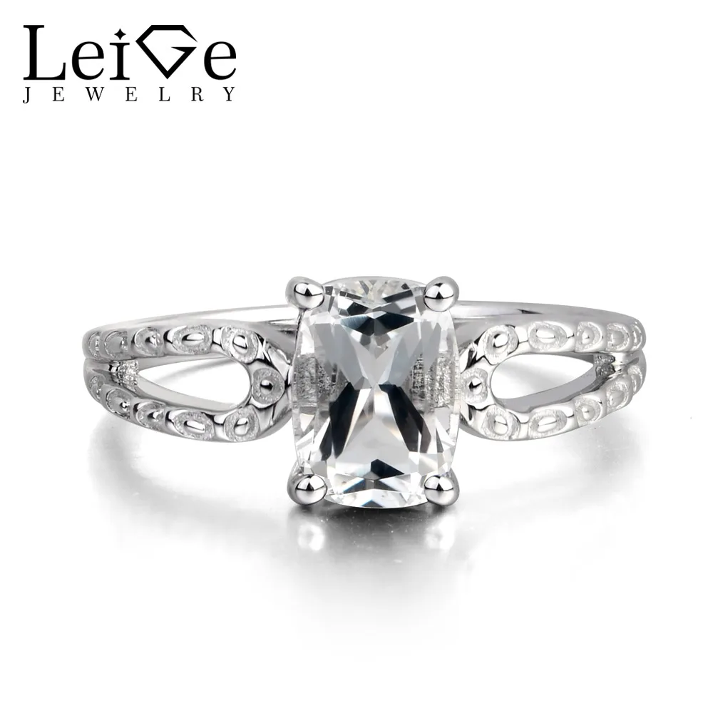 

Leige Jewelry Natural White Topaz Gemstone Cushion Cut Engagement Romantic Rings November Birthstone 925 Sterling Silver