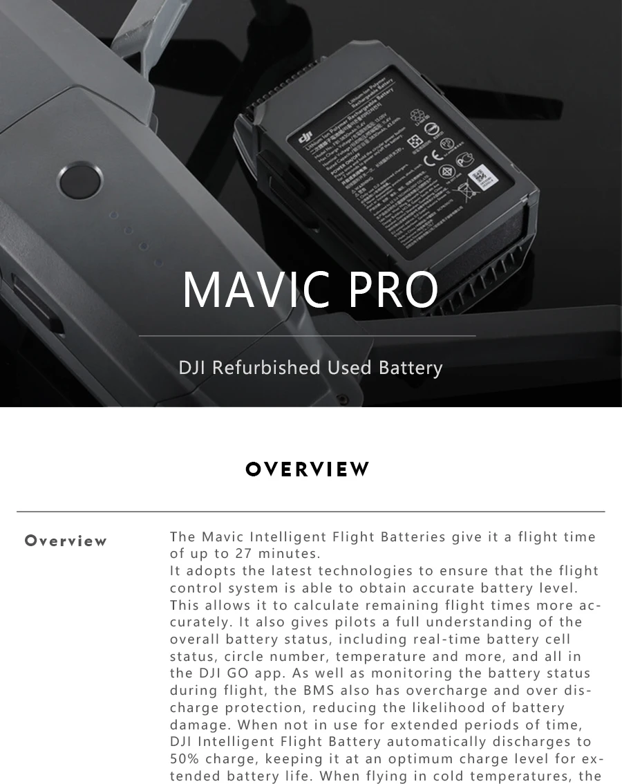 Интеллектуальная летная батарея DJI Mavic Pro Новая/Отремонтированная DJI Max 27-мин время полета 3830 мАч для дрона Mavic Pro