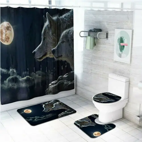 2019 4 PCS Printing Bathroom Non-Slip Toilet Lid Seat Cover Bath Mat Pedestal Rug Shower Curtain Set | Дом и сад