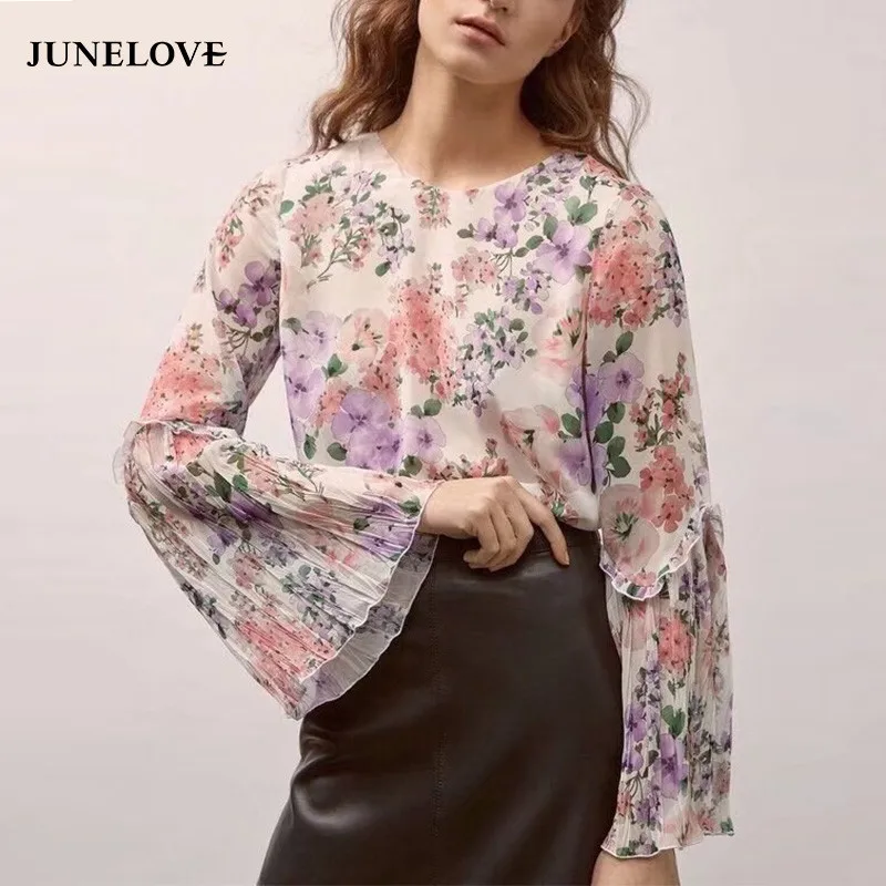 Женская блузка с цветочным принтом JuneLove Повседневная Блузка круглым вырезом и