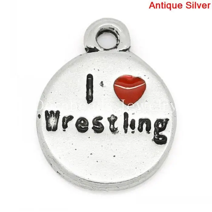 Шарм подвески круглый старинное серебро &quot я люблю борьба резные эмаль красный 14