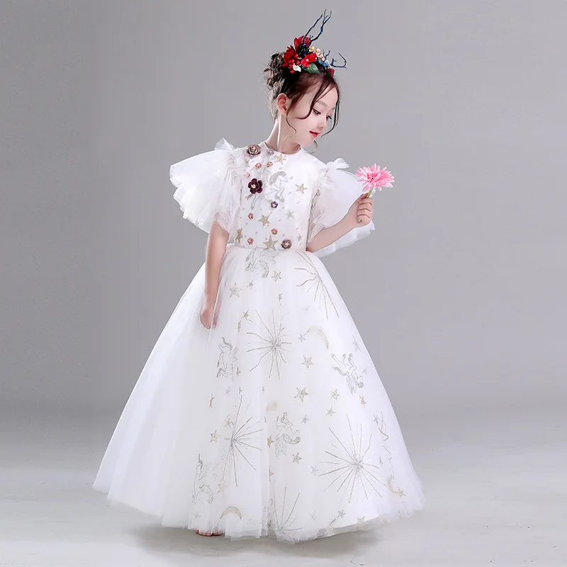 Модное белое длинное платье с цветами для девочек свадебные платья маленьких