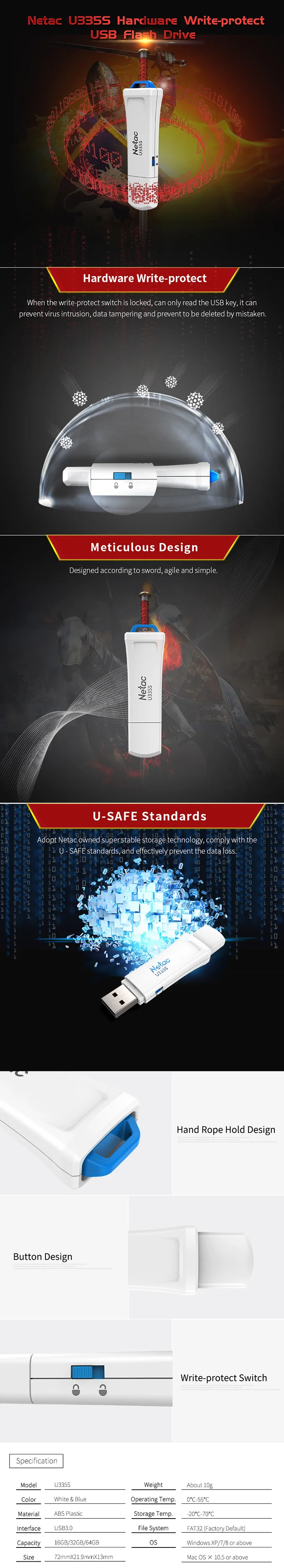 USB флеш-накопитель Netac U335S, 16 ГБ, 32 ГБ, 64 ГБ, 128 ГБ, USB3.0, защитный переключатель, аппаратное блокирование, флешка, ручка, карта памяти