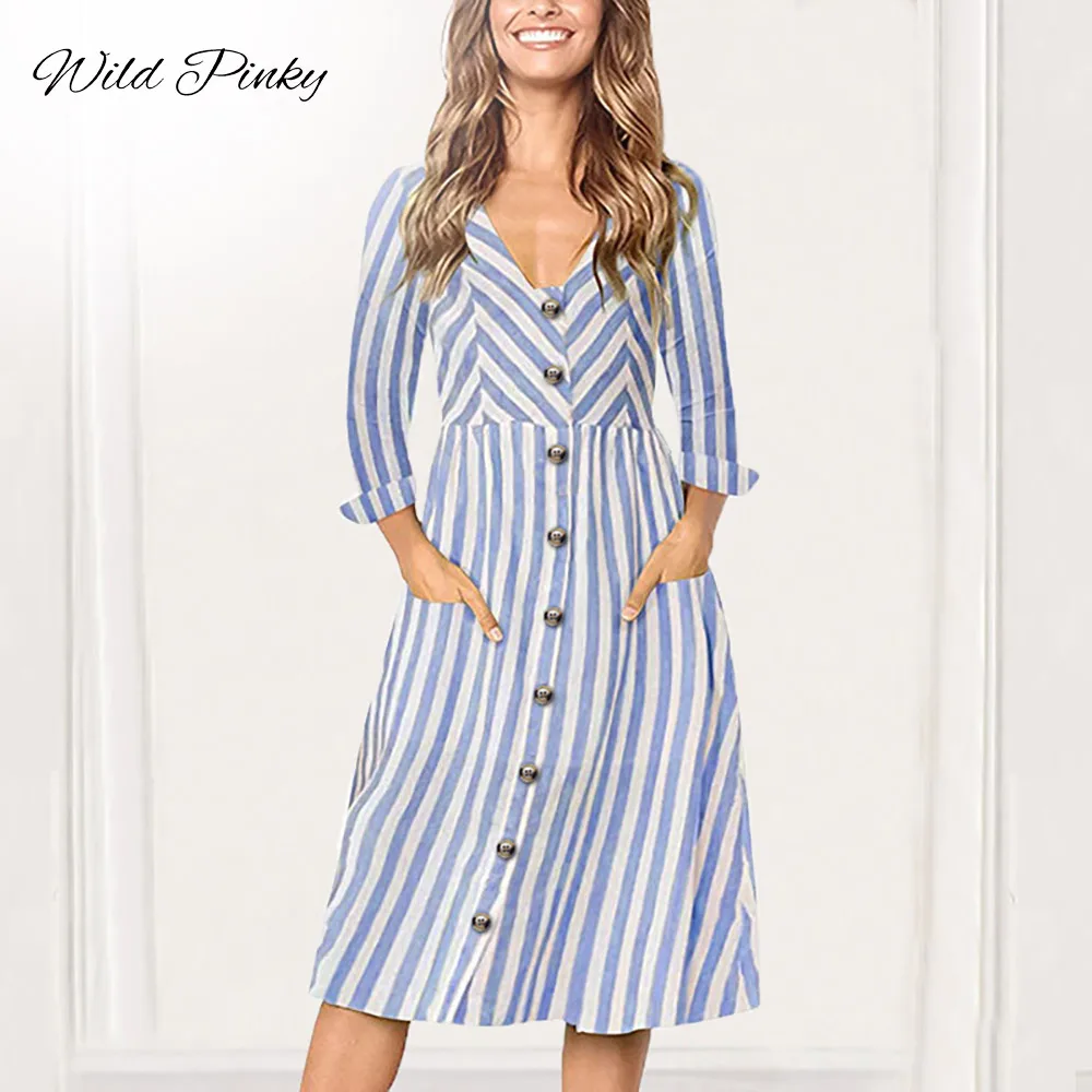 CUERLY dress women vintage BOHO Buttons V-neck long sleeve Beach Playsuits Summer Women Striped Girls Casual Femininos | Женская одежда