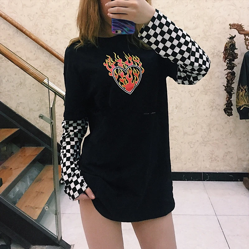 NEW Spring Autumn Plaid Patchwork Long Sleeve Flaming Heart Print Sweatshirt Hoodie Women Black Checkboard Pullover Hoodies | Женская