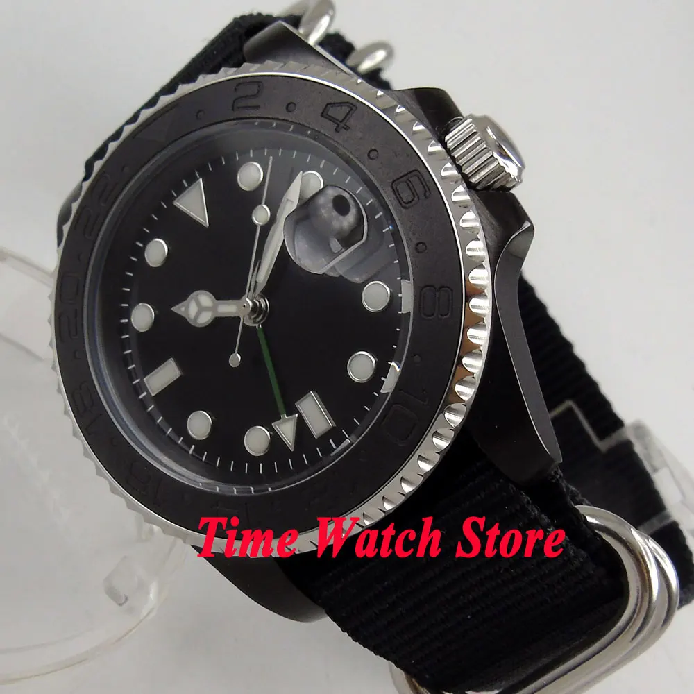 Мужские автоматические часы 40 мм Bliger GMT 3084 черный стерильный циферблат
