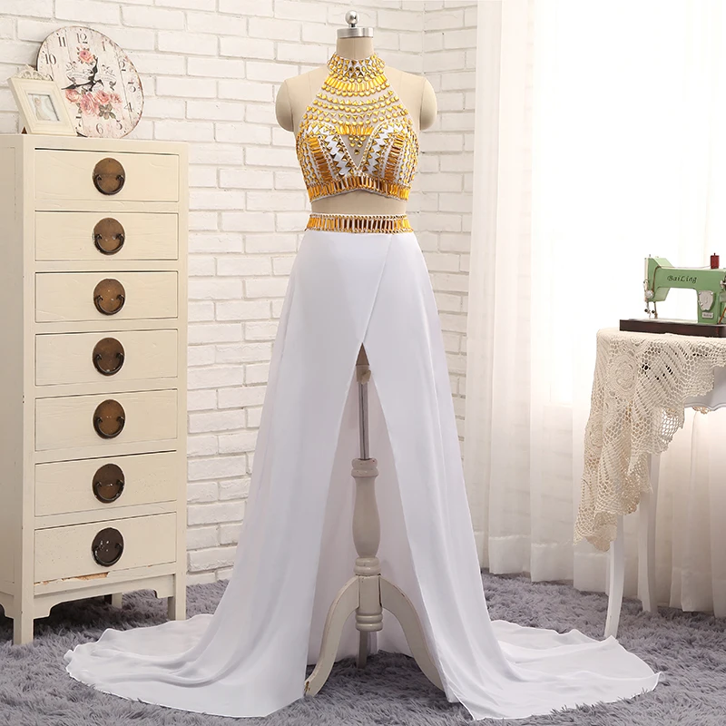 Белое и Золотое платье для выпускного вечера русалки 2018 высокий ворот Лори