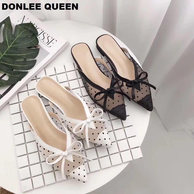 Женские шлепанцы на плоской подошве DONLEE QUEEN кружевные с острым носком в горошек