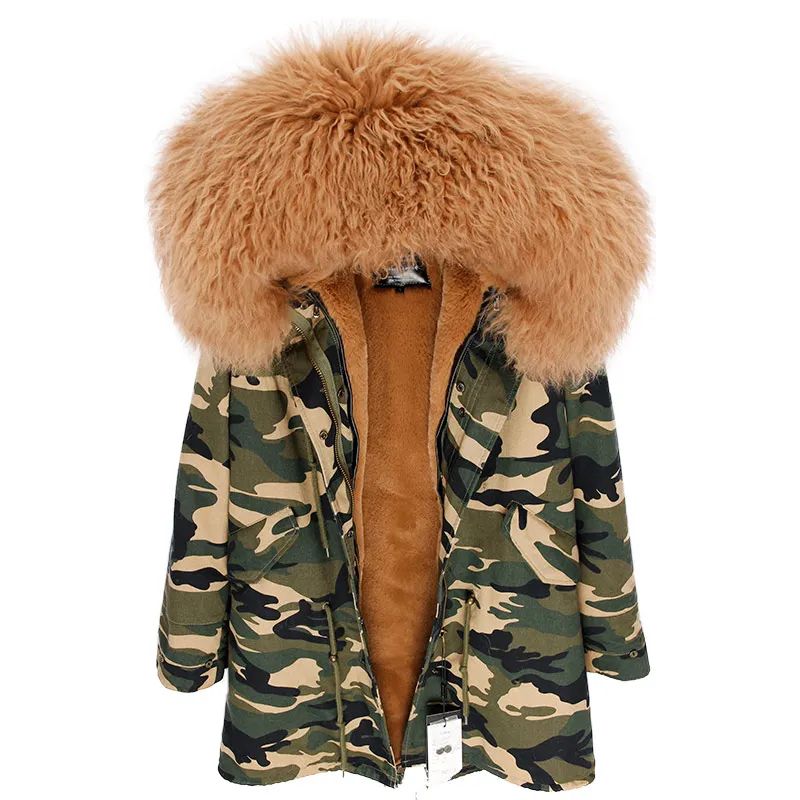 camo brown Новое поступление, длинное меховое пальто, модная Женская Роскошная парка из овечьей шерсти, пальто с капюшоном, зимняя куртка - Цвет: camo brown