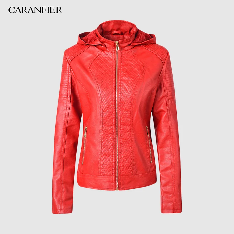CARANFIER зимняя куртка из искусственной кожи женские толстовки зима осень мотоциклетная куртка бренд плюс бархат Куртки из искусственной кожи - Цвет: Красный