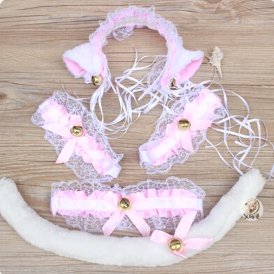 

Anime Female cute Cat Lace Maid Nekomusume ful set 4in1(Headwear+Neck ornaments+Wrists Flower+tail) cosplay Halloween masquerade