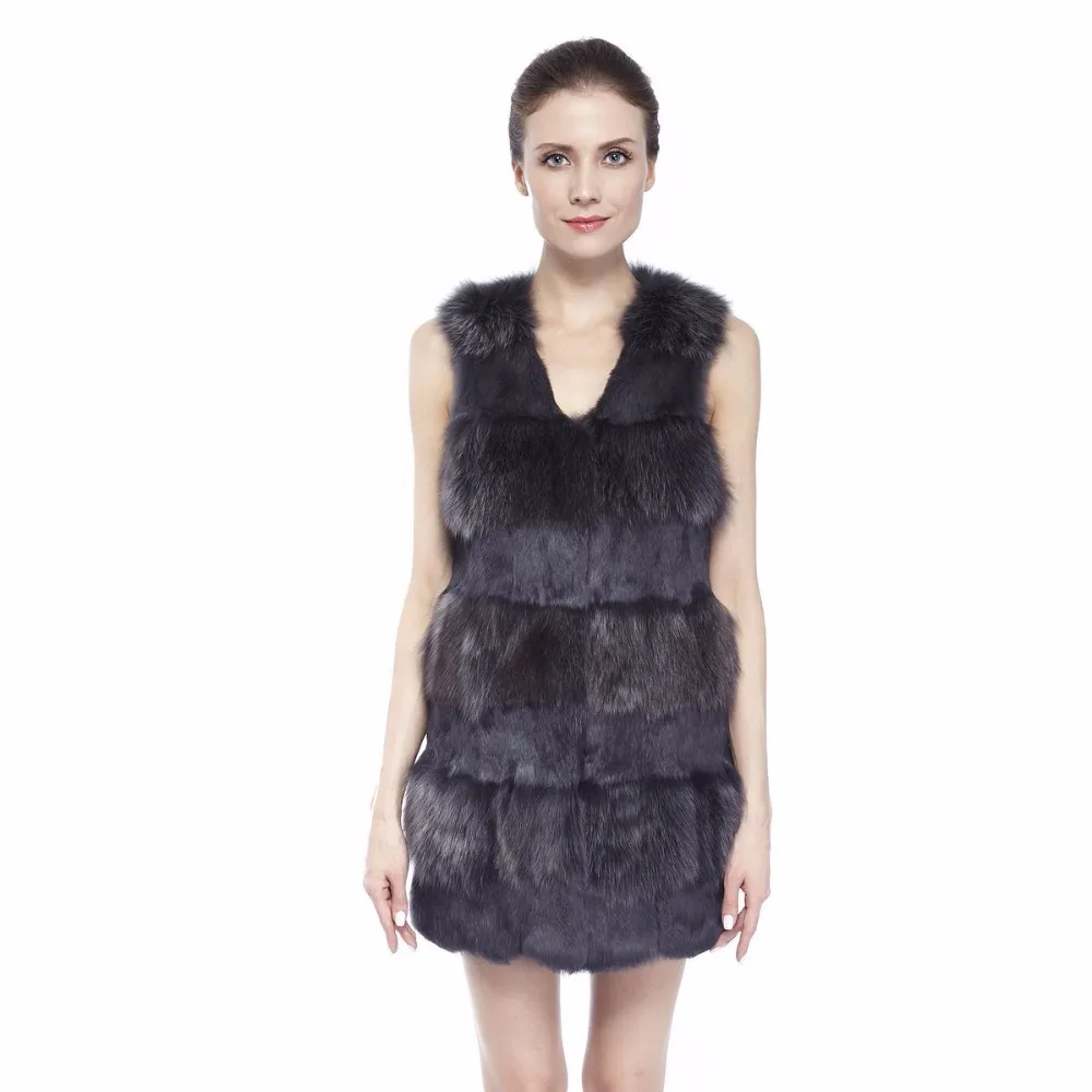 

Жилет ZY88013 Женский, длинный, тонкий, из натурального кроличьего меха с лисьим мехом